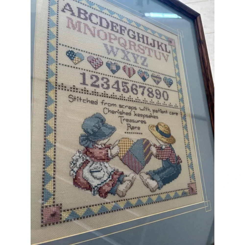Vtg Professionally Framed‎ Cross Stitch Sampler Country Alpahabet Kids 19x21